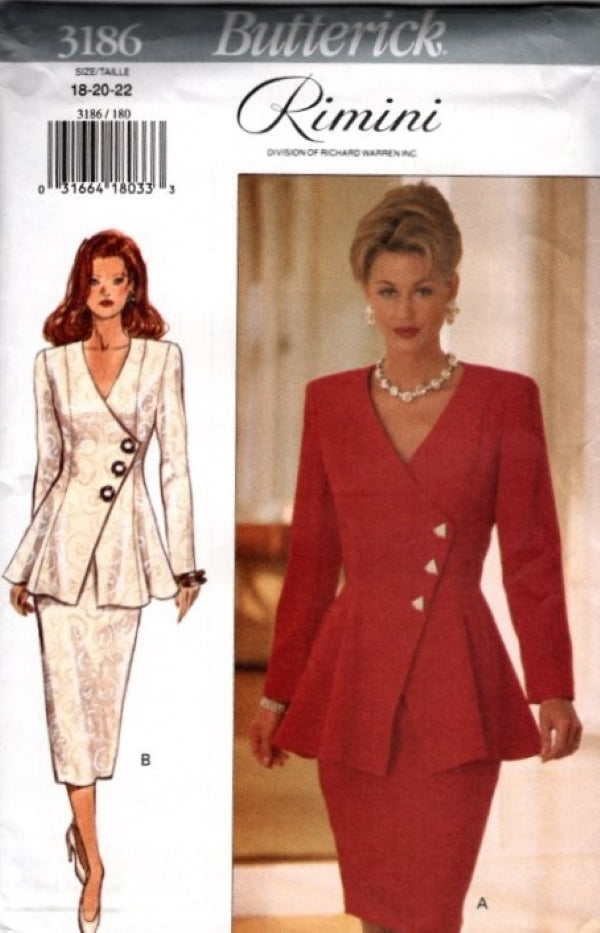 Butterick 3186 Vintage 90's Sewing Pattern Career Power Suit, Rimini by Richard Warren, Flounced Asymmetric Jacket Top, Sheath Skirt Size 18-22