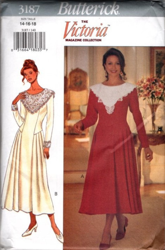 Butterick 3187 Vintage 90's Sewing Pattern Modest Victorian Style Dress, Lace Collar, Pleats on Sides, The Victoria Magazine Collection Size 14-18