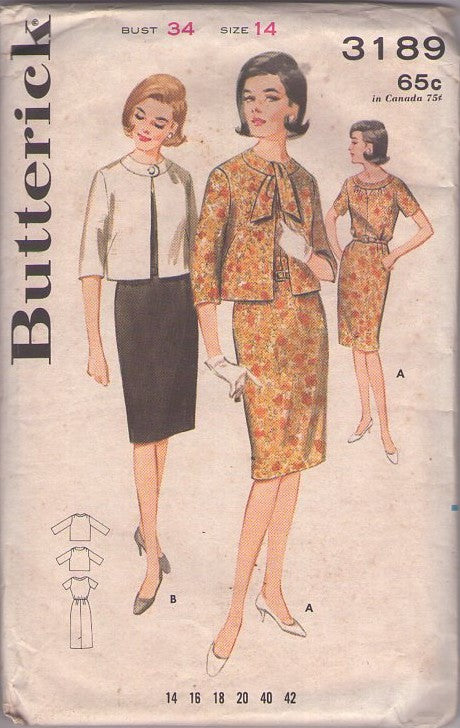 Butterick 3189 Vintage 60's Sewing Pattern Jacket Dress, Rose Maisel Slim Sheath Dress with Keyhole Peekaboo Neckline, Button or Tie Collar Short Jacket Size 14