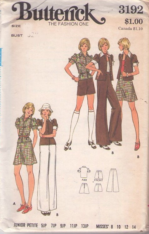 Butterick 3192 Vintage 70's Sewing Pattern Summer Separates, Puff Cuffed Sleeve Blouse, Shirt Jacket Top, Shorts, A-Line Skirt, Flared Pants Size 10
