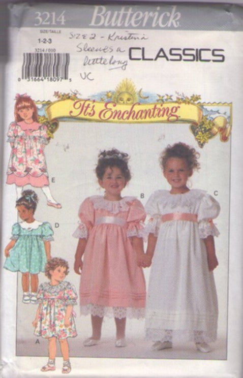 Butterick 3214 Vintage 90's Sewing Pattern Girls' Fancy Dress Set, It's Enchanting, Modest Victorian, Cottagecore Style Puff Sleeve Lace Trimmed Tie Back Party Dress, Fancy Formals Size 1-3