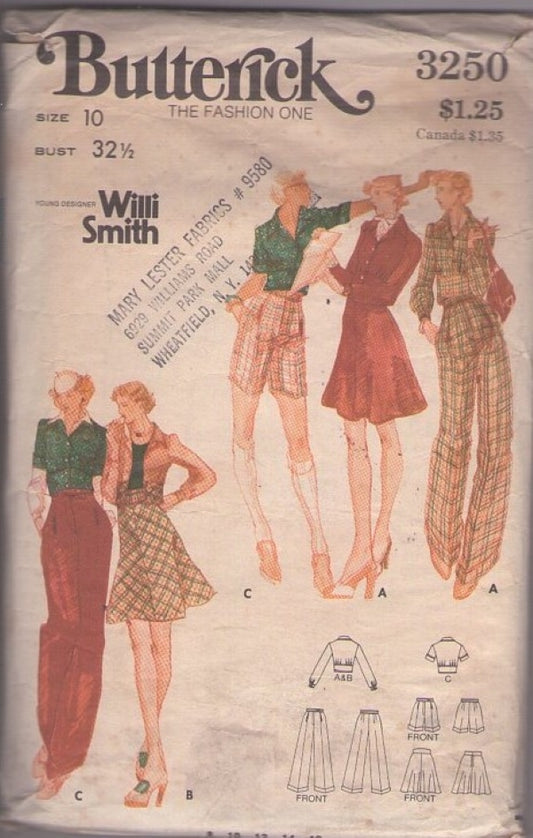 Butterick 3250 Vintage 70's Sewing Pattern Young Designer Willi Smith Cropped Jacket, Blouse, Shirt, Flared Skirt, Walking Shorts, Cuffed Pants Size 10