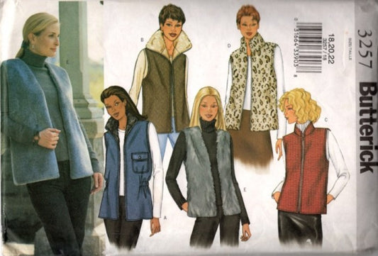 Butterick 3257 Retro 2001 Sewing Pattern Vest Jacket Set, Fleece, Faux Fur, Zipper Front 5 Styles Size 18-22