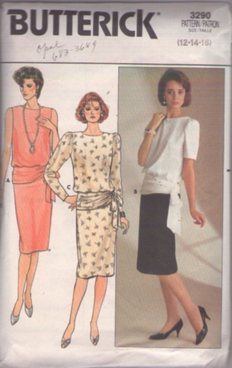 Butterick 3290 Vintage 80's Sewing Pattern 2 Piece Dress, Secretary, Office Party Dress, Blouson Hip Swag Cocktail Blouse, Top & Slim Sheath Skirt Size 12-16