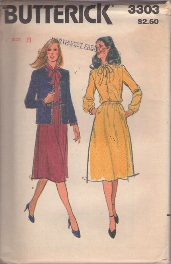 Butterick 3303 Vintage 80's Sewing Pattern Modest Career Blouson Shirtwaist Dress, Cardigan Jacket Ensemble Size 10-14
