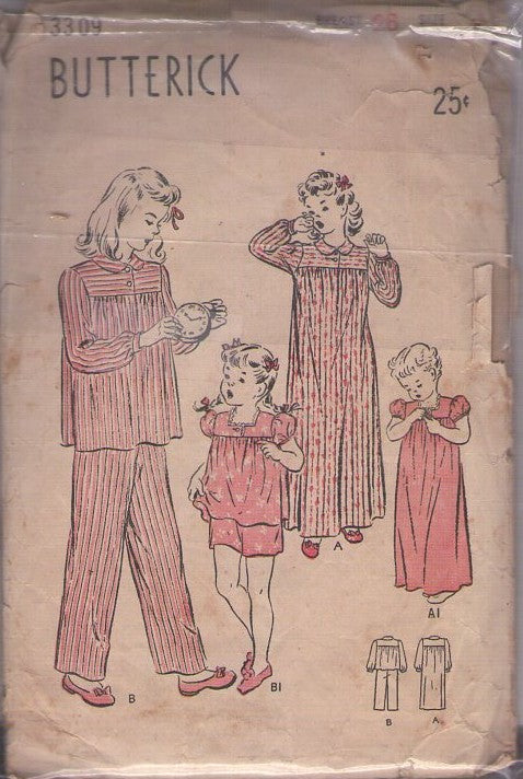 Butterick 3309 Vintage 40's Sewing Pattern Girls' Pajamas, Summer or Winter, Shortie PJs Top & Shorts, Blouse & Pants Set or Nightgown Size 8