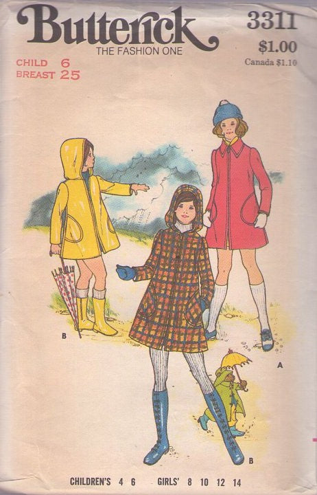 Butterick 3311 Vintage 70's Sewing Pattern Girls' Coats, Retro Large Side Pockets Raincoat, Rain Jacket, Coat with or Without Hood Size 6
