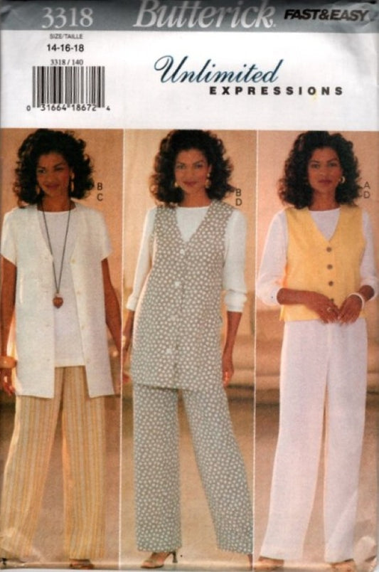 Butterick 3318 Vintage 90's Sewing Pattern Unlimited Expressions Minimalist Separates, Blouse, Vest Jacket, Pants Size 14-18