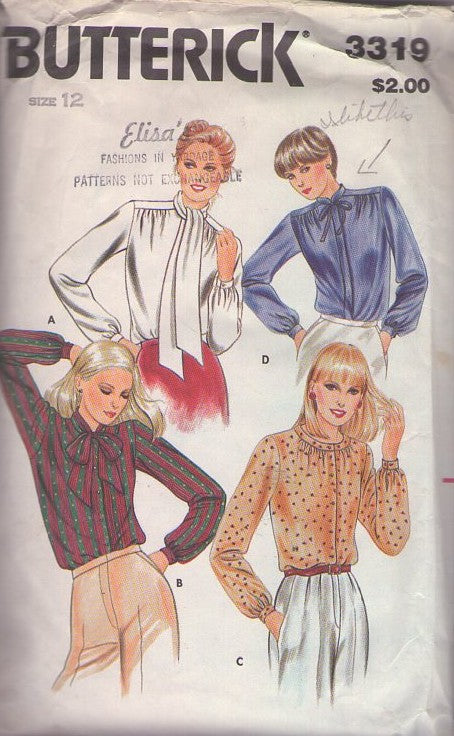 Butterick 3319 Vintage 80's Sewing Pattern Secretary Blouses, Tie, Scarf of Ruched Suit Blouse Set 4 Styles Size 12