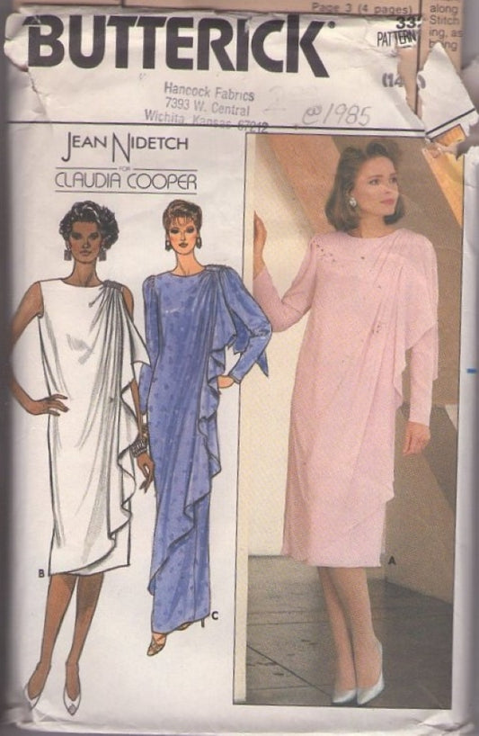 Butterick 3328 Vintage 80's Sewing Pattern Draped Grecian Goddess Evening Dress, Designer Jean Nidetch for Claudia Cooper Gowns Size 14-16
