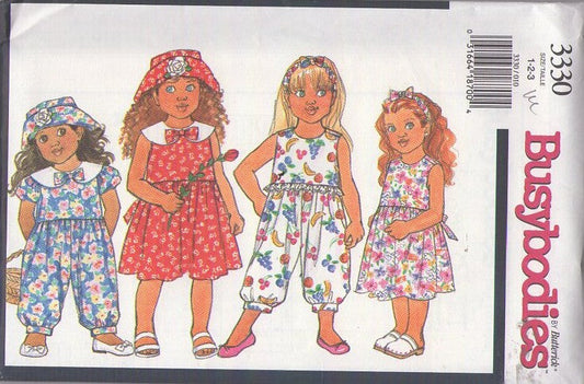 Butterick 3330 Retro 90's Sewing Pattern Toddler Separates, Busybodies Garden Party, Cottagecore Romper, Sundress Dress, Jumpsuit, Sun Brim Hat, Headband Size 1-3