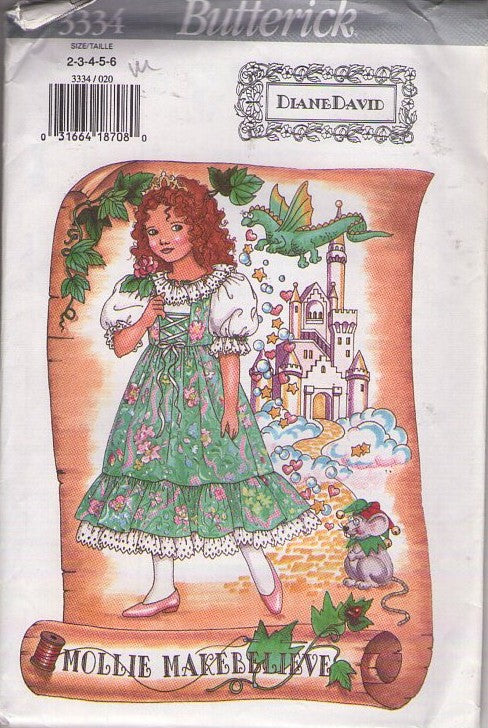 Butterick 3334 Vintage 90's Sewing Pattern Girls' Dress, Mollie Make Believe, Designer Diane David, Cottagecore Dirndl Modest Dress, Pinafore Apron Size 2-6