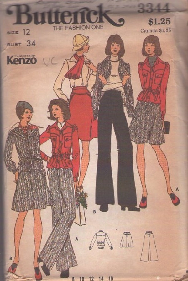 Butterick 3344 Vintage 70's Sewing Pattern Young Designer Kenzo Separates, Shaped Yoke Flared Skirt, Shirt Jacket Blouse, Flared Trousers Pants Size 12