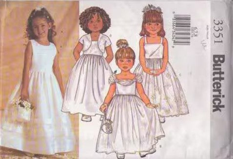 Butterick 3351 Retro 2001 Sewing Pattern Girls' Dress, Jacket, Flower Girl, Junior Bride Special Occasion 3 Gowns, Bolero Jacket Size 6-8