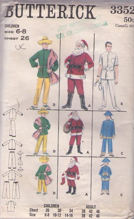 Butterick 3352 Vintage 60's Sewing Pattern Costumes, Halloween Costume in 4 Styles, Ethnic Mexican & Chinese Man, Santa Claus, Doctor, Tops, Pants, Hats for All Size 6-8