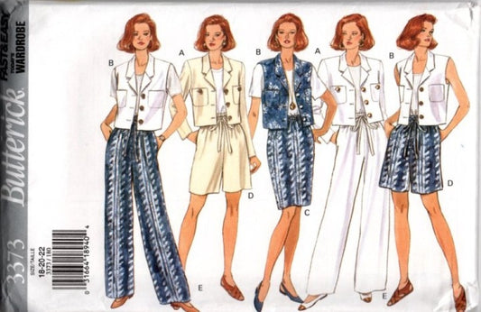 Butterick 3373 Vintage 80's Sewing Pattern Casual Summer Separates, Fast & Easy Wardrobe, Blouse, Jacket, Pants, Shorts Size 18-22