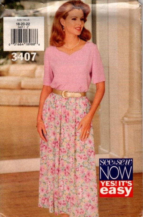 Butterick 3407 Vintage 90's Sewing Pattern See & Sew Now Blouse, Pleated Modest Skirt, Slip Size 18-22