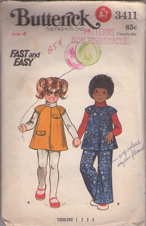 Butterick 3411 Vintage 70's Sewing Pattern Girls' Separates, Fast & Easy Raglan Cap Sleeve Toddler Jumper, Dress, Smock Top & Pants Size 4