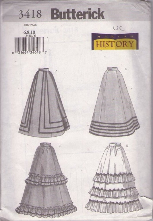 Butterick 3418 Retro 2002 Sewing Pattern Making History Skirt Set, Victorian Era, Band Trim or Ruffles 4 Styles Size 6-10