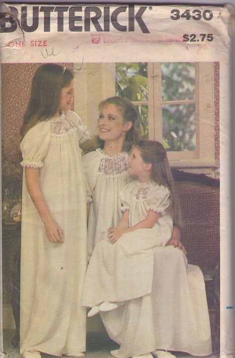 Butterick 3430 Vintage 80's Sewing Pattern Nightgowns, Mother Daughter Sleepwear, Matching Lace Insertion, Modest Long Puff Sleeve Nightgown, Cottagecore Prairie Gown One Size