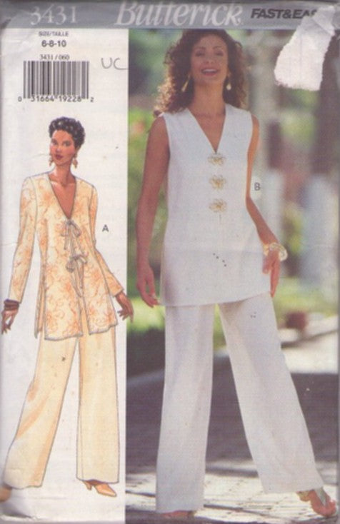 Butterick 3431 Vintage 90's Sewing Pattern Formal Pantsuit Set, V Neck Slit Sides Jacket Top Blouse, Flared Pants Size 6, 8, 10