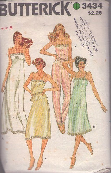 Butterick 3434 Vintage 80's Sewing Pattern Lingerie Set, Strapless or Ribbon Straps Half, Evening Bridal, Dress Slip, Camisole Top, Pants Size 8