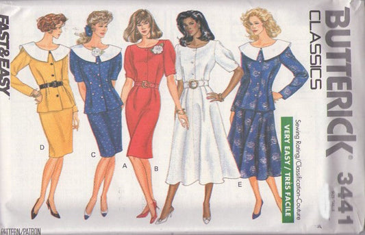 Butterick 3441 Vintage 80's Sewing Pattern Secretary Suit Dress, Classics Dynasty Styles, Jacket Top, Dress & Slim or Flared Skirt Size 6-10