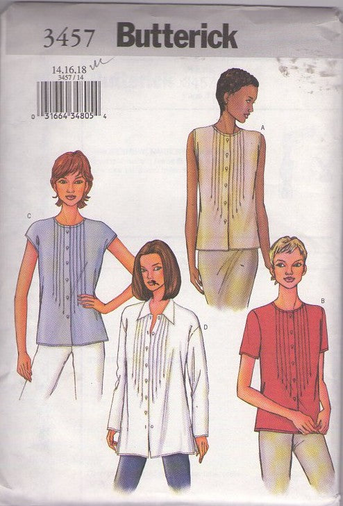 Butterick 3457 Retro 2002 Sewing Pattern Summer Blouse Set, Pin Tucks, Button Front, 4 Styles Size 14-18
