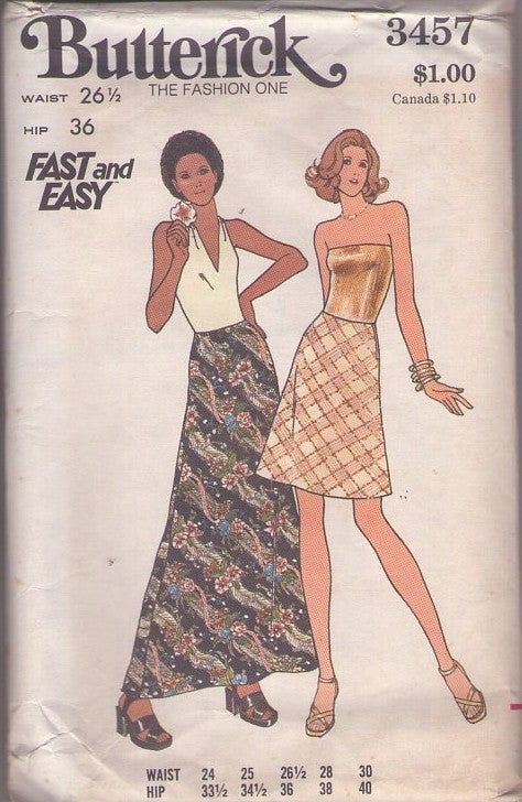Butterick 3457 Vintage 70's Sewing Pattern Disco Skirt, A-Line Secretary, Hostess Maxi Skirts Waist 26.5 Size M