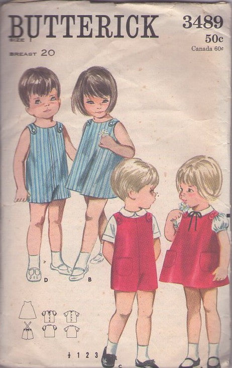 Butterick 3489 Vintage 60's Sewing Pattern Toddler Boys & Girls Dress, Romper, Jumpsuit, Blouse Size 20" S