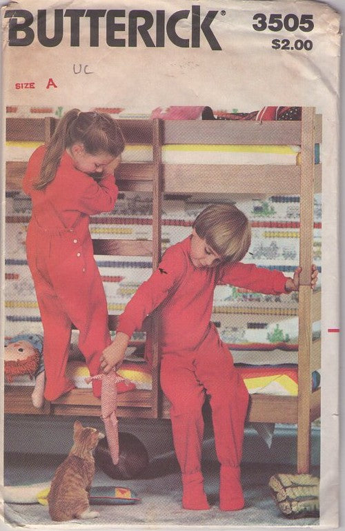 Butterick 3505 Vintage 80's Sewing Pattern Toddler Drop Seat Pajamas, Jumpsuit, Button Back Flap Size 2-4