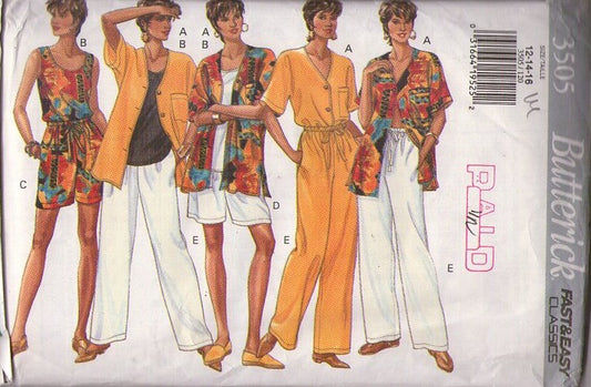 Butterick 3505 Vintage 90's Sewing Pattern Summar Wardrobe, Blouse, Top, Shorts, Pants Fast & Easy Classics Size 12-16