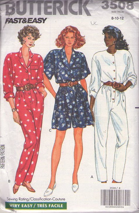 Butterick 3508 Vintage 80's Sewing Pattern Party Jumpsuits, Fast & Easy, Front Buttoned Romper, Long Coveralls, Jumpsuit Size 8-12