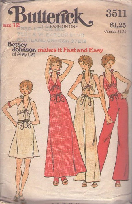 Butterick 3511 Vintage 70's Sewing Pattern Designer Separates, Betsey Johnson of Alley Cat, Summer Disco Halter Top, A-Line Short or Maxi Skirt, Flared Leg Trousers Size 12
