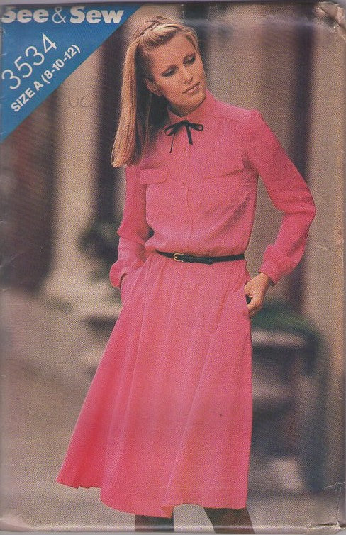 Butterick 3534 Vintage 80's Sewing Pattern Day Dress, Easy Shirtwaist Dress, Pockets, Flared Skirt, Secretary Size 8-12