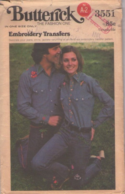 Butterick 3551 Vintage 70's Sewing Pattern Hippie Embroidery, Iron On Stamps to Embroider