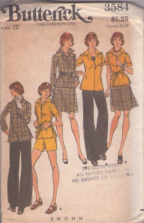 Butterick 3584 Vintage 70's Sewing Pattern Secretary Separates, Pullover Blouse Top, A-Line Skirt, Shorts, Flared Leg Pants Size 12