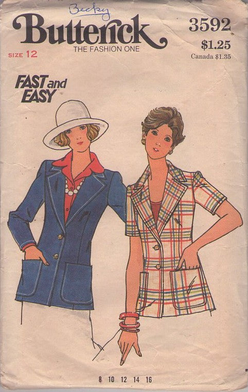 Butterick 3592 Vintage 70's Sewing Pattern Jacket Set, Fast & Easy, Shirt Jacket, Blazer Suit Jacket Size 12
