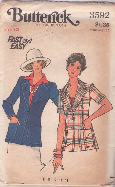 Butterick 3592 Vintage 70's Sewing Pattern Jacket Set, Fast & Easy, Shirt Jacket, Blazer Suit Jacket Size 10