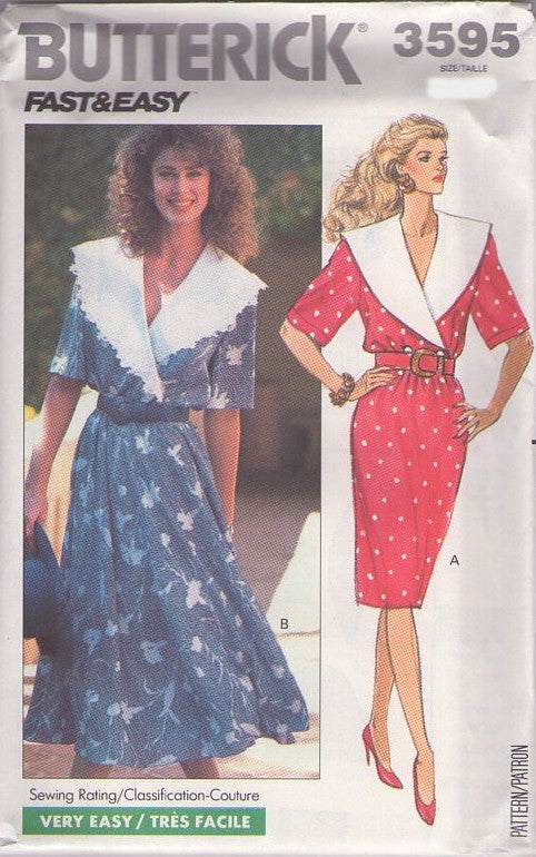 Butterick 3595 Vintage 80's Sewing Pattern Career Dress, Pretty Woman Large Surplice Collared Garden Party Office Dress Slim or Flared Skirt 6-10
