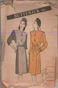 Butterick 3597 Vintage 40's Sewing Pattern WW2 Era Dress, Deep Square Armhole, Blouson Top, 7 Gore Skirt, Colorblock 2 Tone Shirtwaist, 2 Styles Size 16