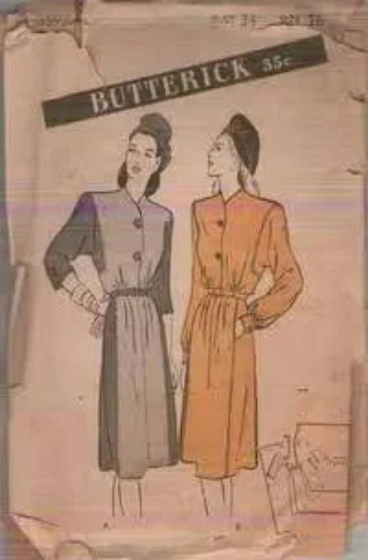 Butterick 3597 Vintage 40's Sewing Pattern WW2 Era Dress, Deep Square Armhole, Blouson Top, 7 Gore Skirt, Colorblock 2 Tone Shirtwaist, 2 Styles Size 16