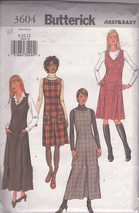 Butterick 3604 Retro 90's Sewing Pattern Jumpers & Top, Dress Set, Sleeveless Summer Jumper in 4 Styles Size 8-12