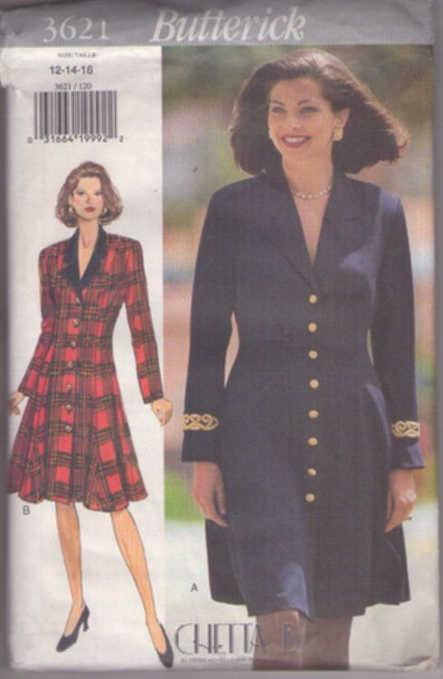Butterick 3621 Vintage 90's Sewing Pattern Secretary Coatdress, Front Buttoned Chetta B Design, 2 Styles Size 12-16