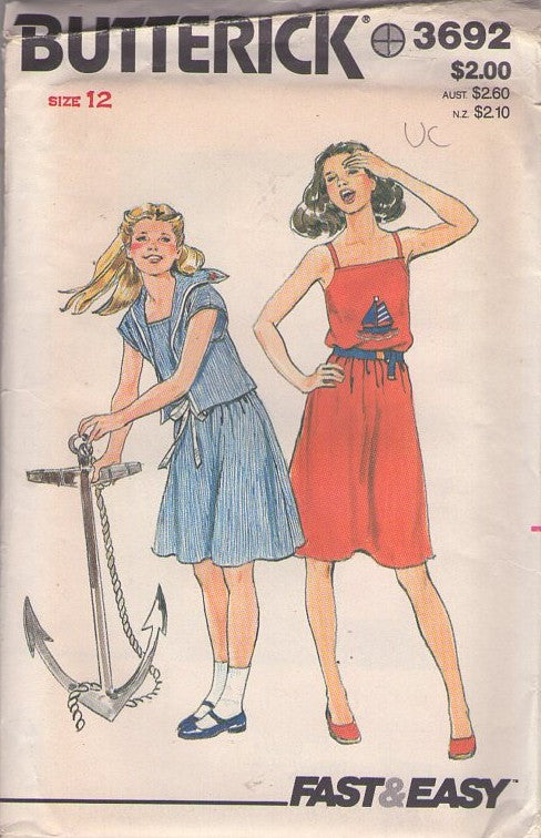 Butterick 3692 Vintage 70's Sewing Pattern Girls' Dress, Summer, Sailor Collar, Blouson Flared Skirt Sundress, Nautical Jacket, Top Cover Up Size 12