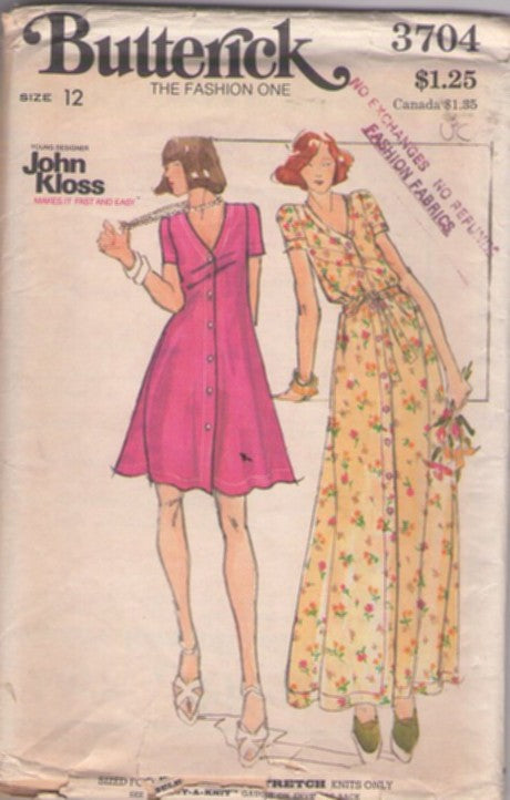 Butterick 3704 Vintage 70's Sewing Pattern Disco Knits Dress, Young Designer John Kloss V Neck Dresses, Flared Short or Maxi Gown Long Size 12