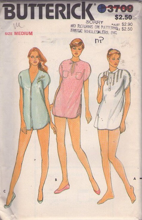 Butterick 3709 Vintage 80's Sewing Pattern Pajamas, Sleepwear, Nightshirt, Shorts, Short Mini Nightgown, Night Shirt Set 3 Styles Size Medium