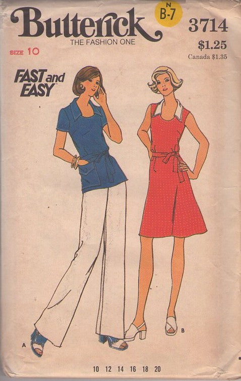Butterick 3714 Vintage 70's Sewing Pattern Casual Separates, Fast & Easy Scoop Neck Collared Secretary Polo Look Tunic Top Blouse, Fit & Flared Dress & Pants Size 10