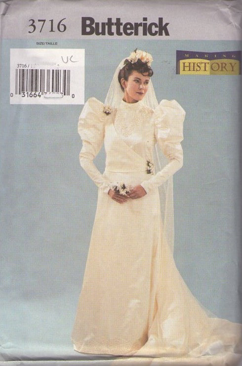Butterick 3716 Retro 2002 Sewing Pattern Historical Bride Costume, 1920s Steam Punk Historical Wedding Gown, Victorian Bridal Gown & Long Veil Size 6-10