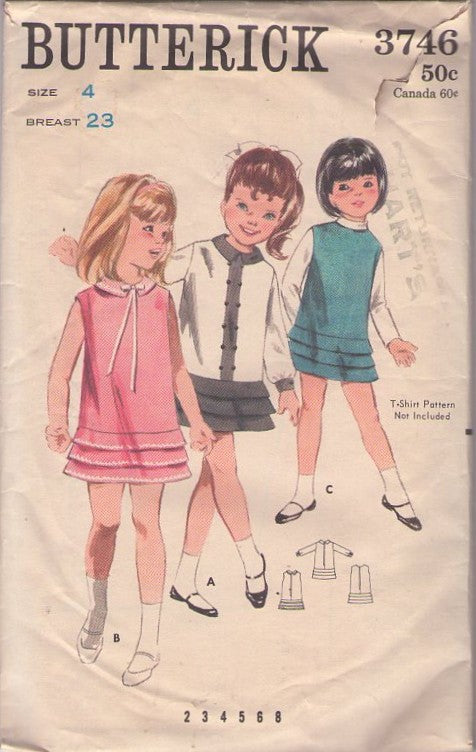Butterick 3746 Retro 90's Sewing Pattern Girls' Jumpsuit, Blouse, Yes! It's Easy, See & Sew Now, Cottagecore Loose Fit Jumpsuit, Coveralls & Blouse Size 1-3